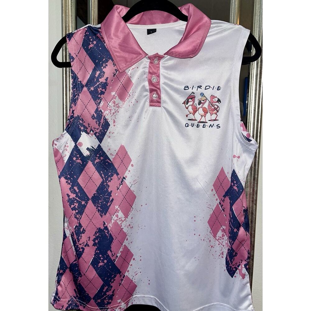 Ladies Golf - Short Sleeve PINK & WHITE Flamingo Polo - Birdie Queens L